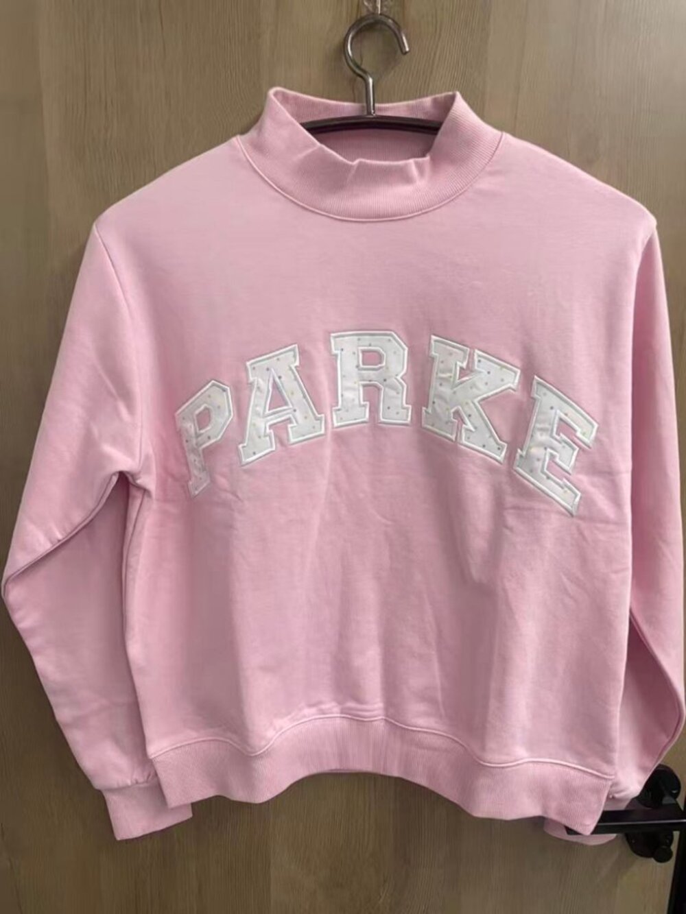 Parke Pink Mockneck Sweatshirt White Polka Dot Varsity Letter Pullover